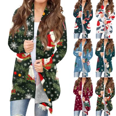 Moda feminina casual natal impressão comprimento médio cardigan casaco casaco