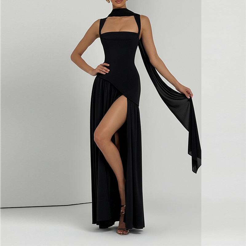 

Spring new, elegant and sexy backless pleated splicing suspender dress S чёрный