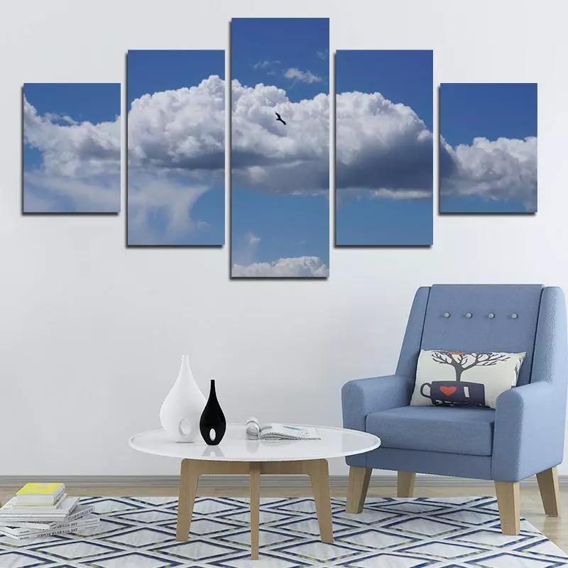 Five-Piece Canvas Painting Natural Scenery Hd Photography Blue Sky White Cloud Eagle Art Poster Home Decoration Mural Frameless