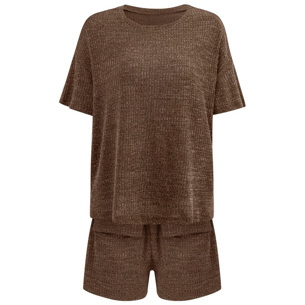Summer Women'S Casual Style Loose Round Neck Solid Color Short Sleeved Top And Shorts Set