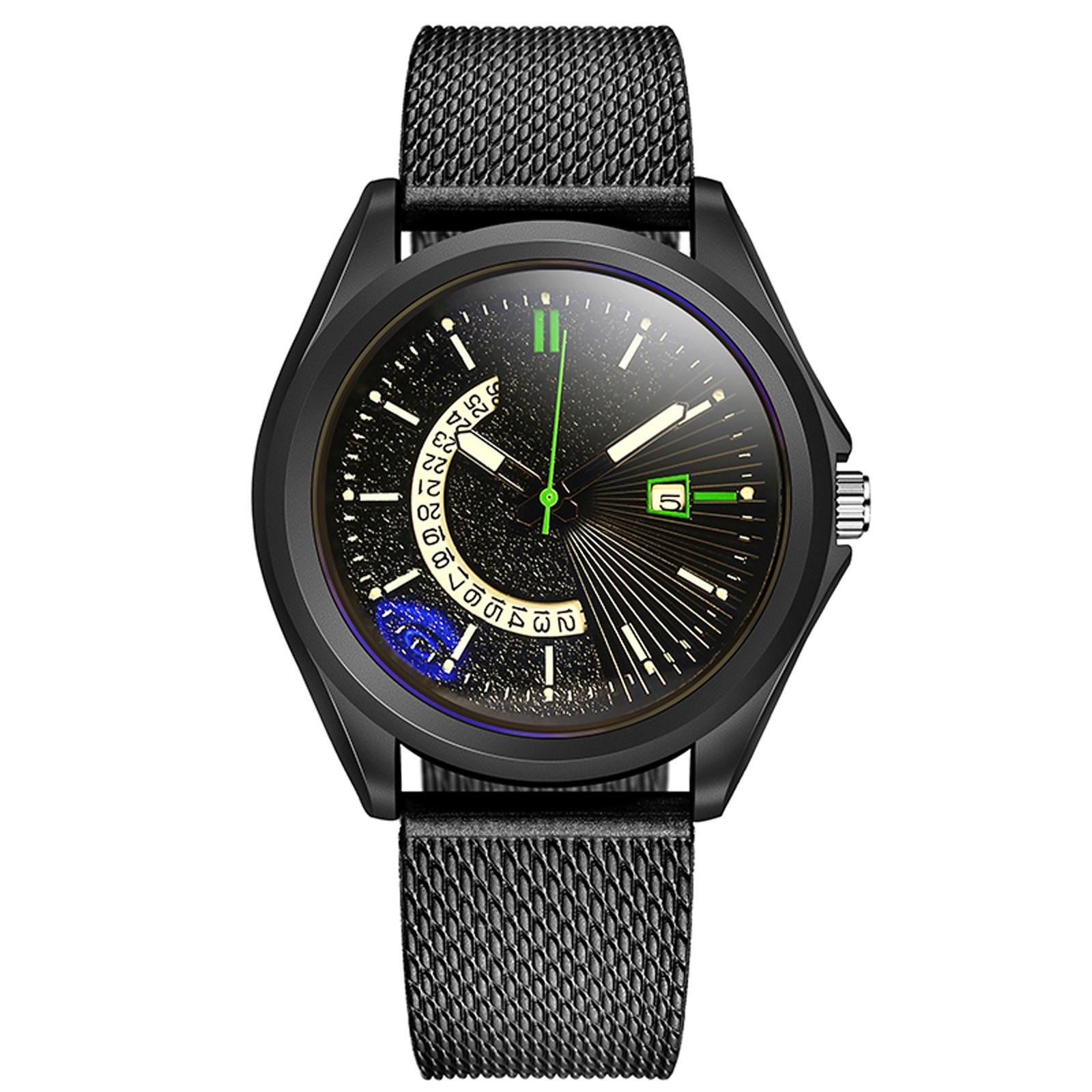 Men s Sports Mesh Belt Luminous Watch Men s Hollow Calendar Blue Light Watch зелёный