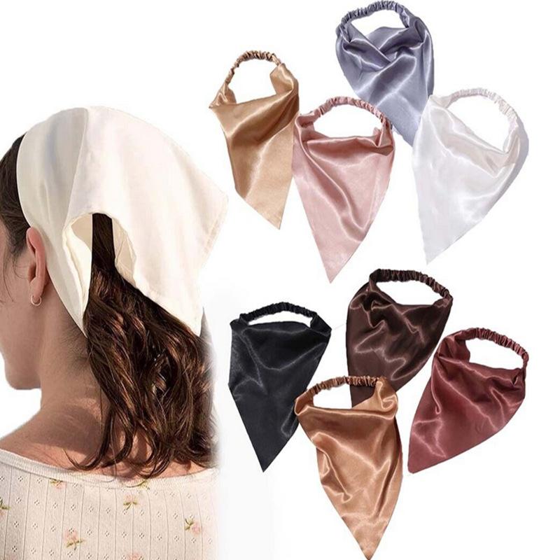 Summer Women Solid Hair Scarf Vintage Triangle Bandanas Satin Elastic Hairbands Children Girl Headbands Hair Accessories