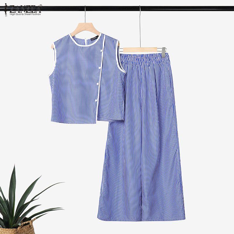 ZANZEA Women Sleeveless Vest Tops and Pants Casual Stripe Print Two Piece Suit Sets