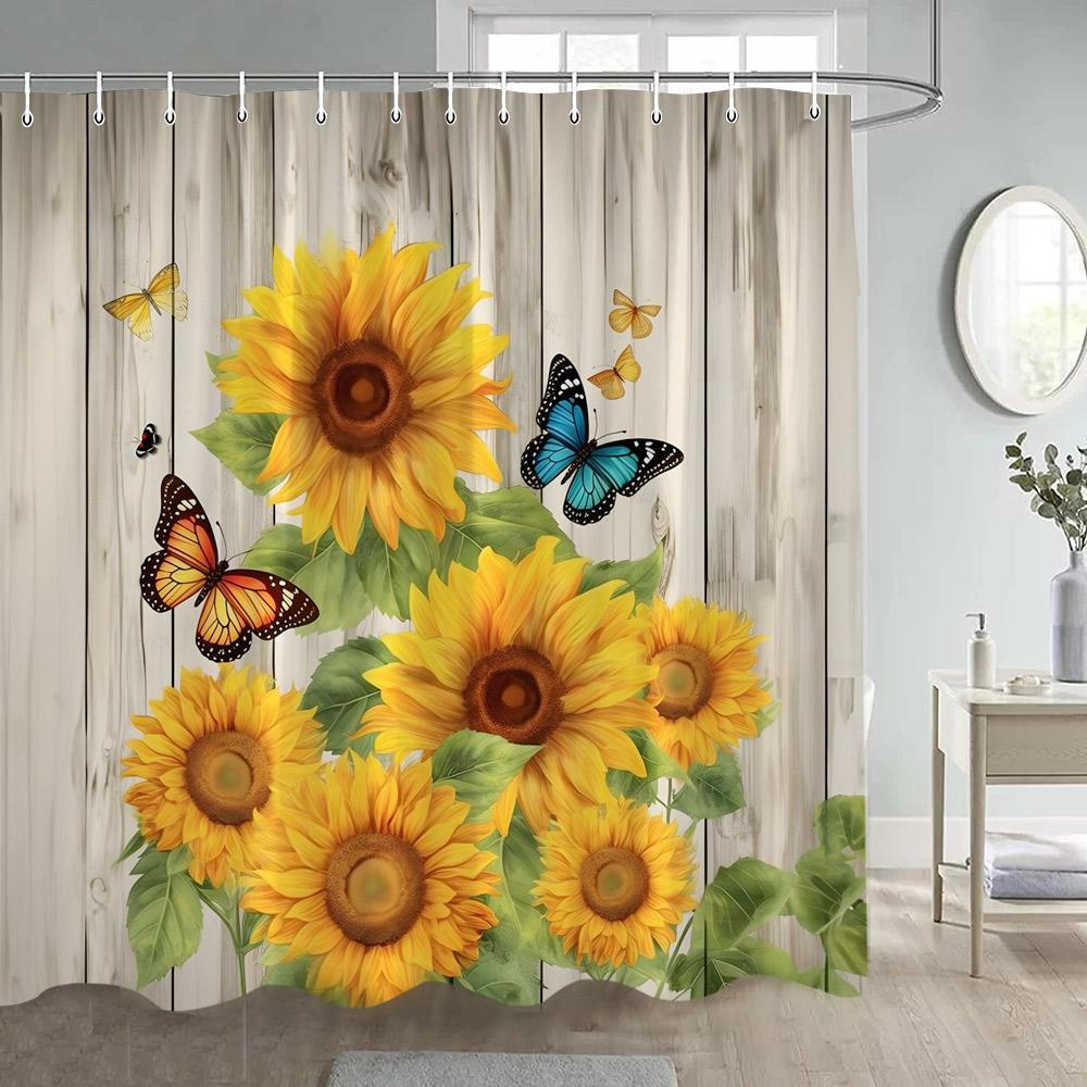 Rustic Sunflower Shower Curtains Vintage Farm Barn Wooden Door Autumn Floral Butterfly Bathroom Curtain Polyester Home Decor Set