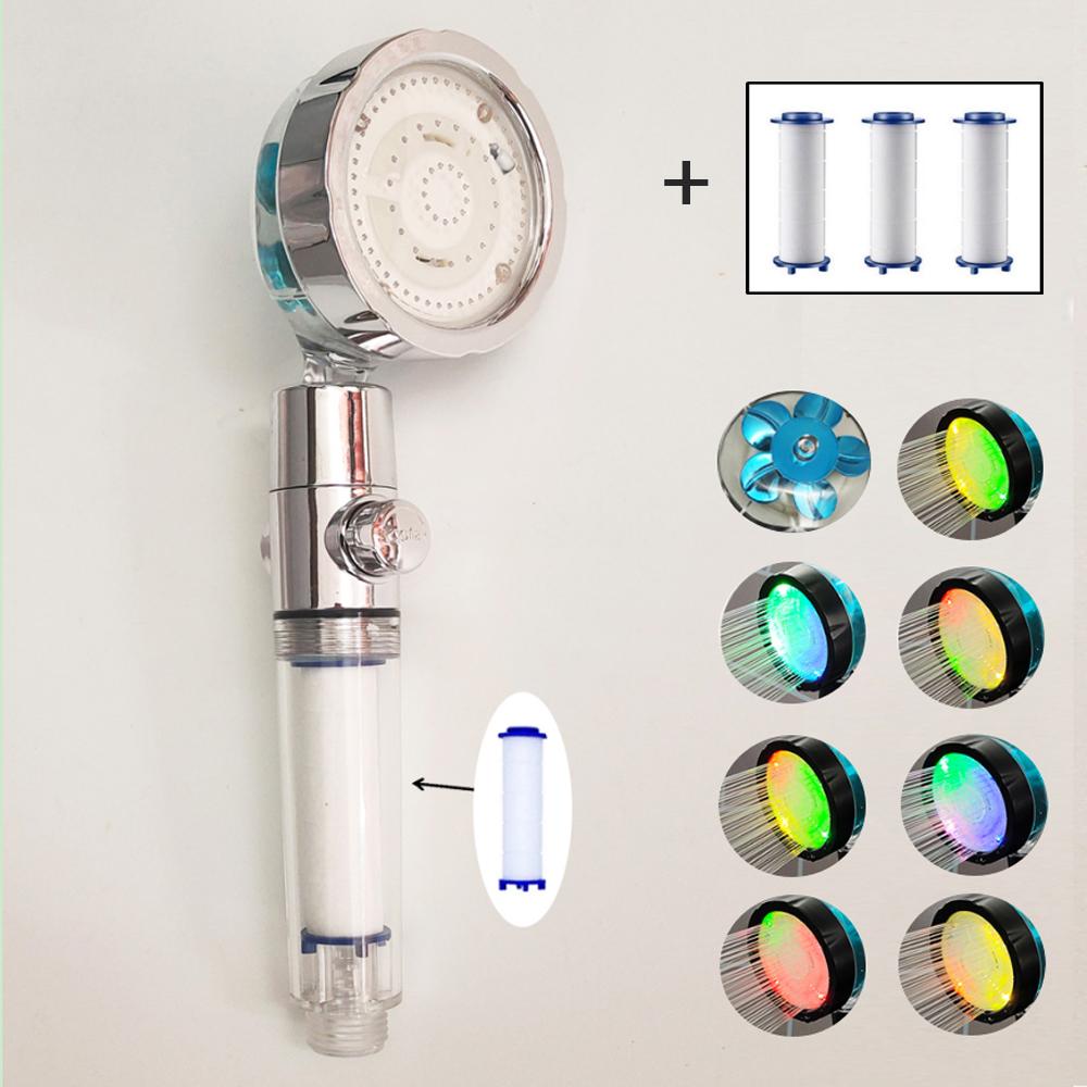 LED Temperature Sensor Shower Head With Stop Button 3/7 Colors Changes Turbo Propeller High Pressure Negative Ion Filter Shower
