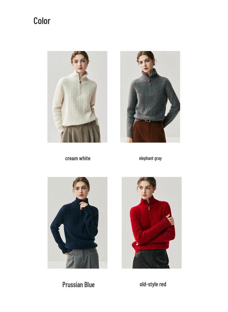Women's High Neck Half-Zip Cable Knit Cashmere Sweater - Loose Fit, Autumn/Winter Style
