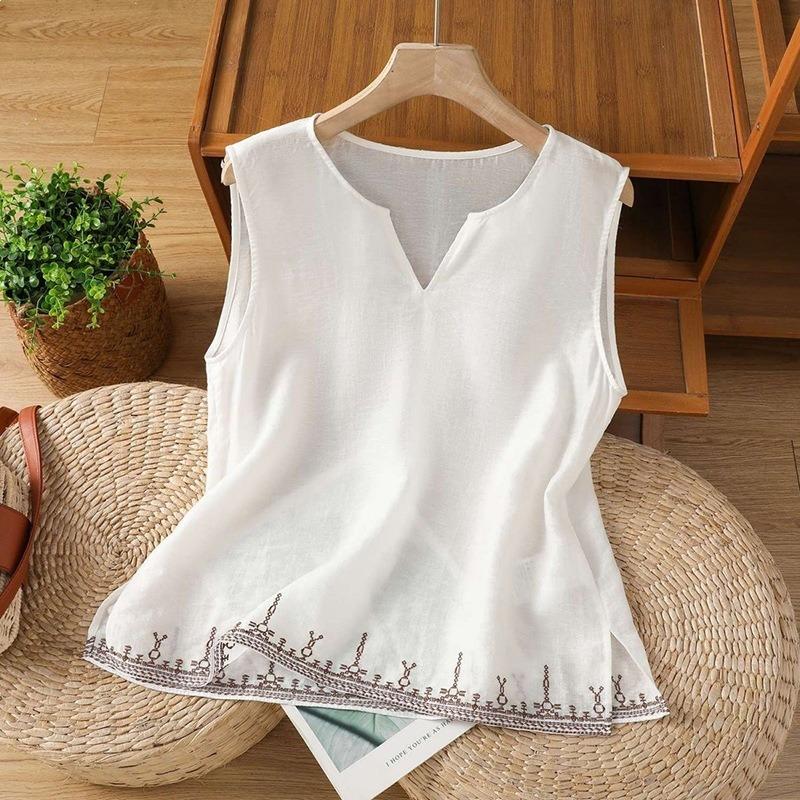 Women White Linen Blend Notch Neck Sleeveless Tank Top Hem Ethnic Embroidery Loose Casual Vest