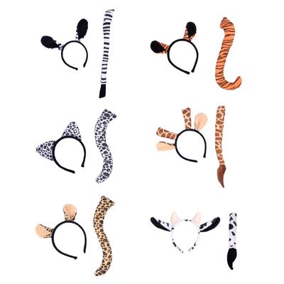 Conjunto de Fantasias de Zebra/Girafa/Leopardo/Vaca Orelhas Faixa com Cauda Criança Adulto Halloween Natal Fantasia de Animal Adereços