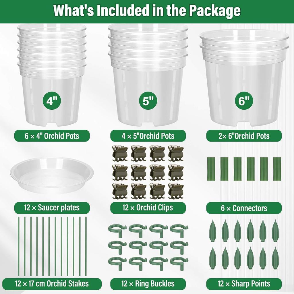 12 Pcs Plastic Orchid Pots With Holes, 4, 5, 6 Inch Clear Orchid Pots For Repotting With Saucers Drainage And Plant Stakes, Large Small Breathable