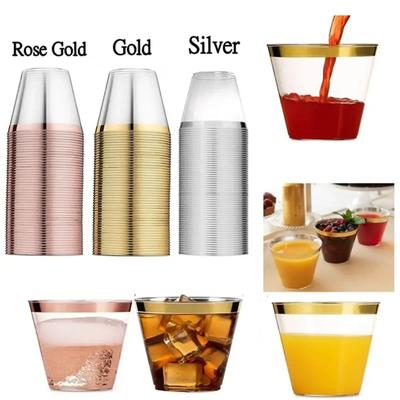 50Pcs Party Plastic Glasses 9OZ Gold Rim Reusable Party Cups Glitter Drink Cup Elegant Party Wine Glasses for Cocktail Champagne