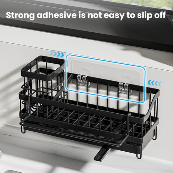 Sink Organizer with Towel Rail Double Compartment Storage Rack Removable Drain Tray Rust-Proof Iron Kitchen Caddy for Sponges Brushes Dishcloths