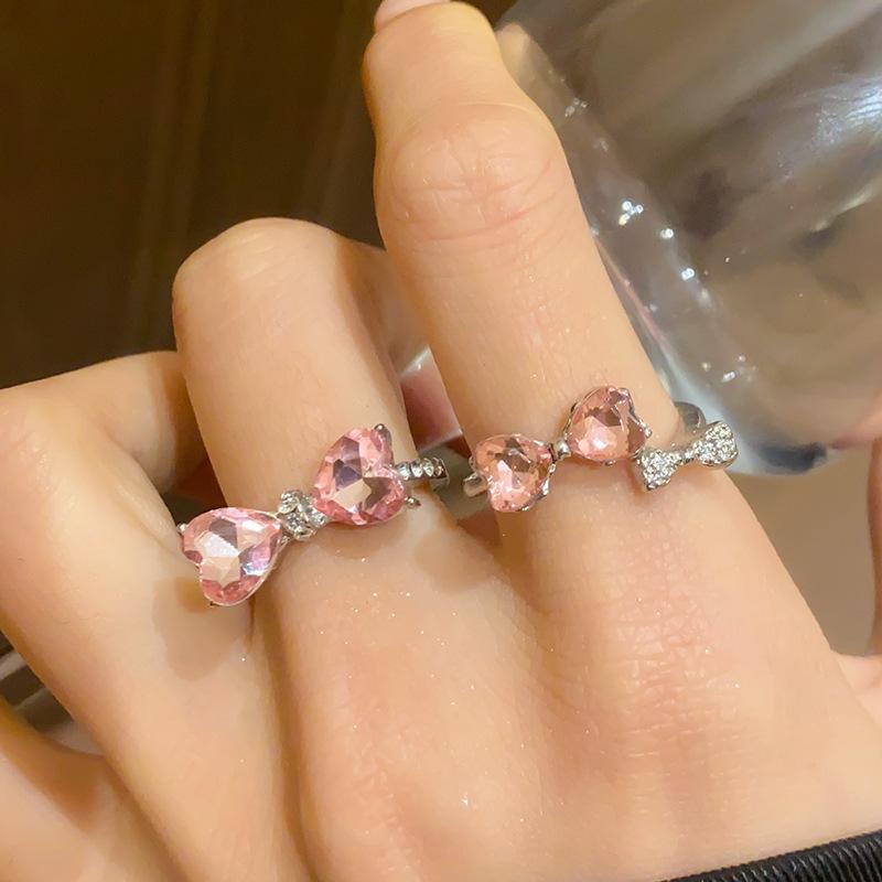 Korean Rhinestone Heart Bow Open Ring - Elegant Luxury Jewelry for Women