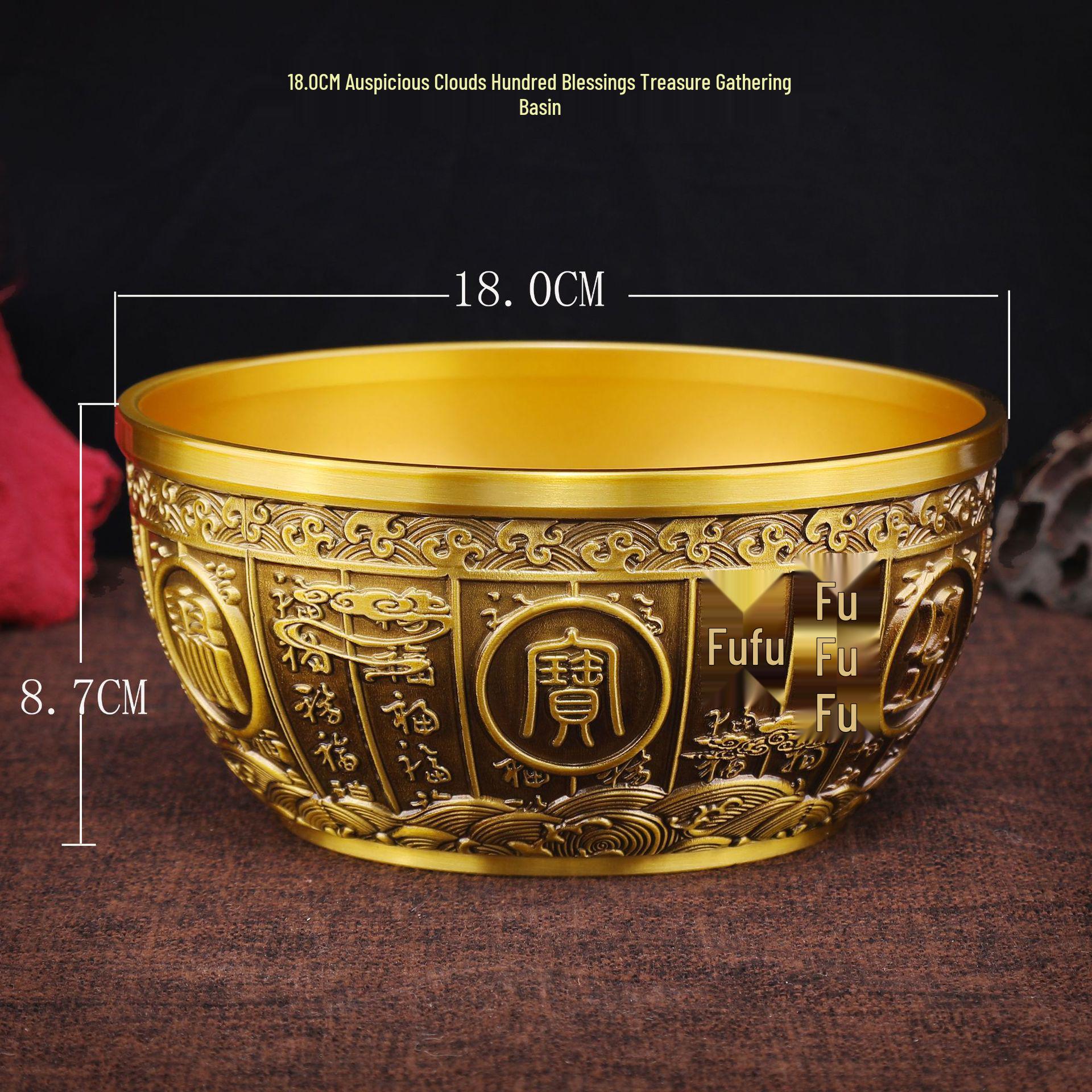 Auspicious Brass Treasure Basin Sculpture with Clouds & Hundred Blessings - Elegant Handmade Copper Ornament
