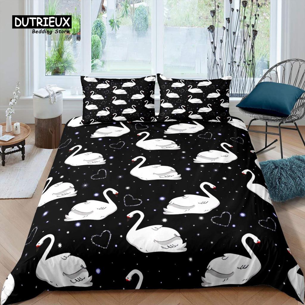 Swan Bedding Set Romantic Flowers Duvet Cover King Birds Wildlife Quilt Cover for Couple Lady Man Wedding Festival Party Decor