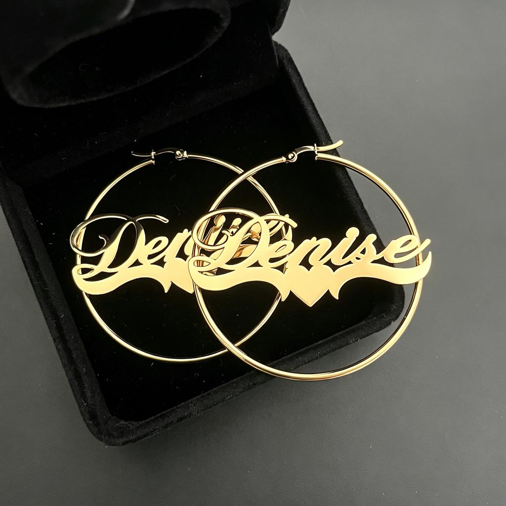 Stainless Steel Custom Personalized Name Hoop Earrings 18K Gold Plated Large Nameplate Jewelry for Women Girls Moms Gifts