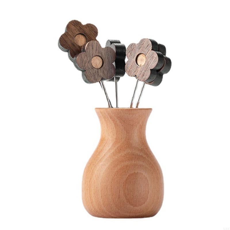 Fruit Forks Cartoon Fruit Signs Wooden Flower Shaped Fruit Forks Set X3UC