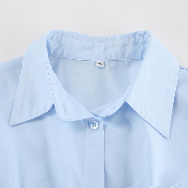 Plissert Slim Fit Topp Dame Bomullsskjorte Pendler Polokrage Langermet Ensfarvet Bluser Enkeltspent Kort Topp Elegant Kontordame Sommer