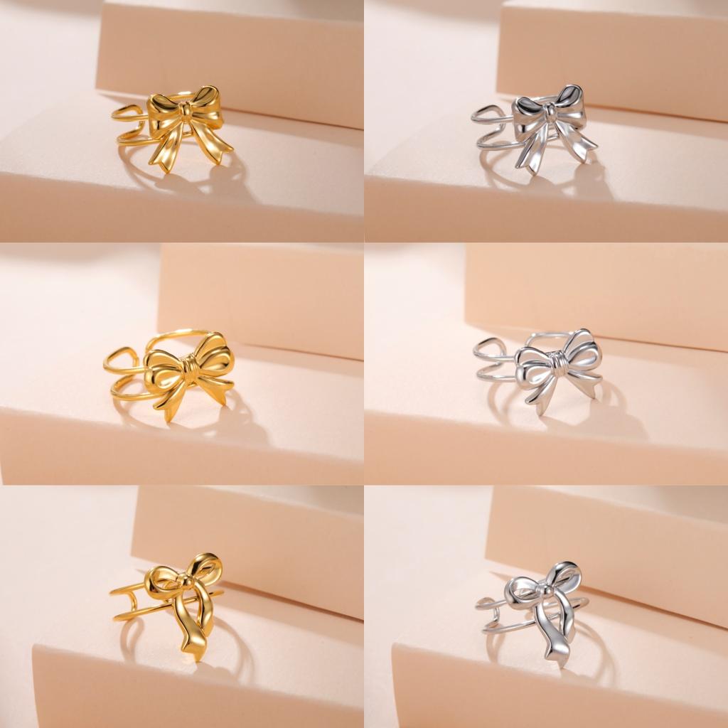 Skyrim Romantic and Sweet Bow Women's Open Ring Stainless Steel Adjustable Ring Simple Style Fashion Bow Ring Jewelry Gift