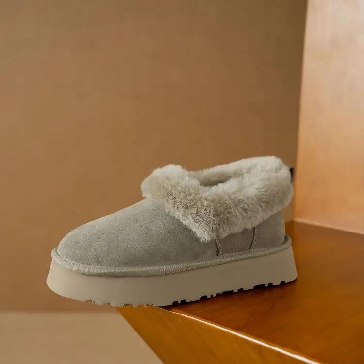 Fashion New Retro Winter Cow Suede Warm Snow Boots Handmade Women's Cute Round Head Thick Bottom with Suede Warm Cotton Boots Size 40