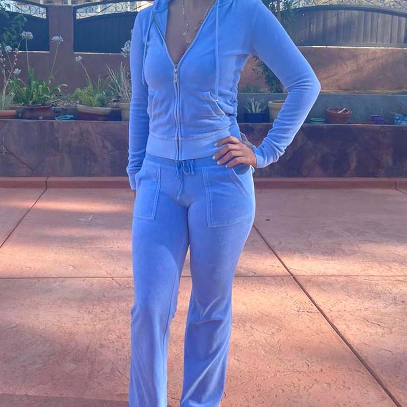 Women Autumn Winter Fashion Hoodies Jogging Tracksuit Velvet Zipper Sweatshirt Straight Leg Pants Two Piece Set