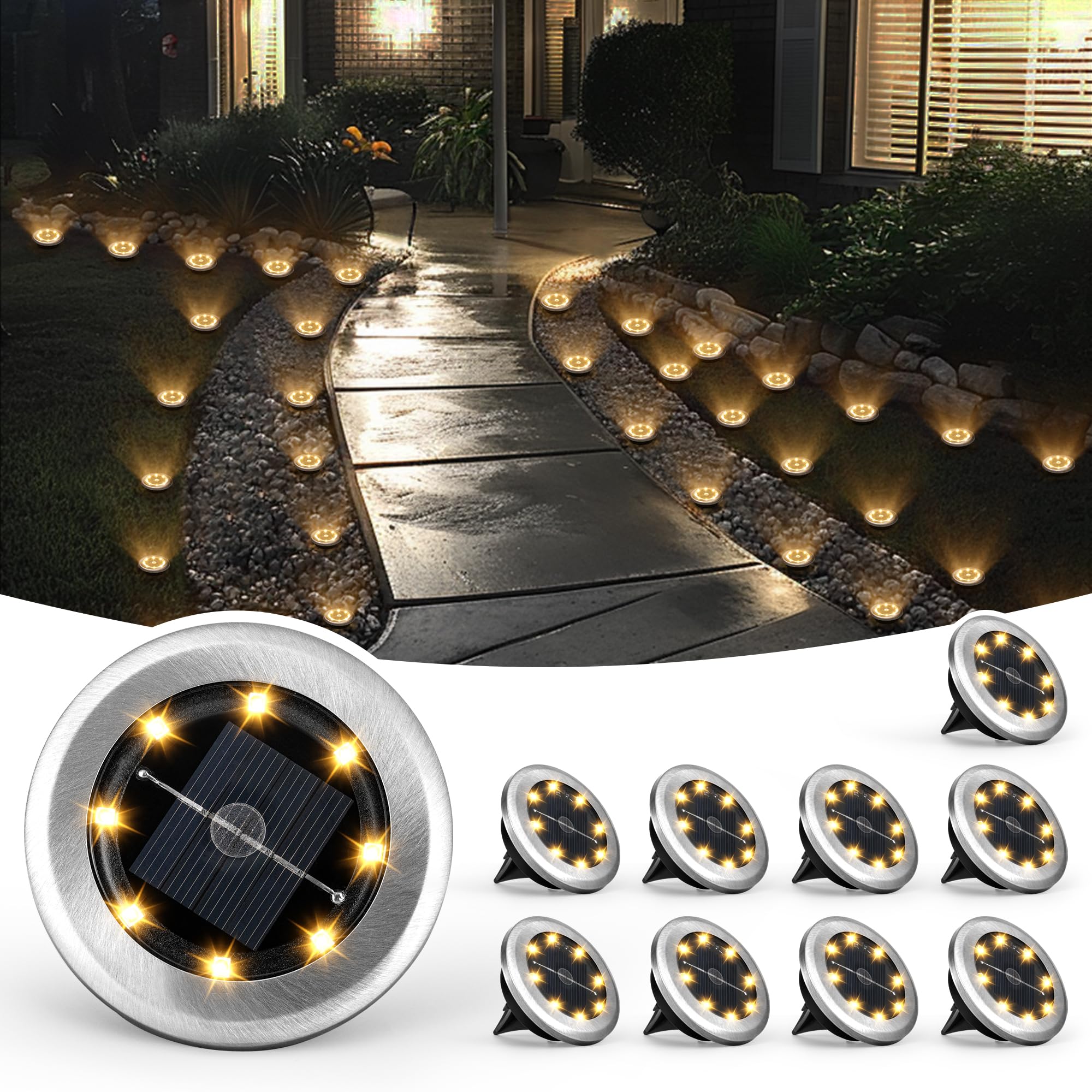 

10PC Solar Ground Disc Lights 8 LED Waterproof Outdoor Pathway Lights for Lawn Patio Yard Landscape Vila Lighting Sun Led Lamp