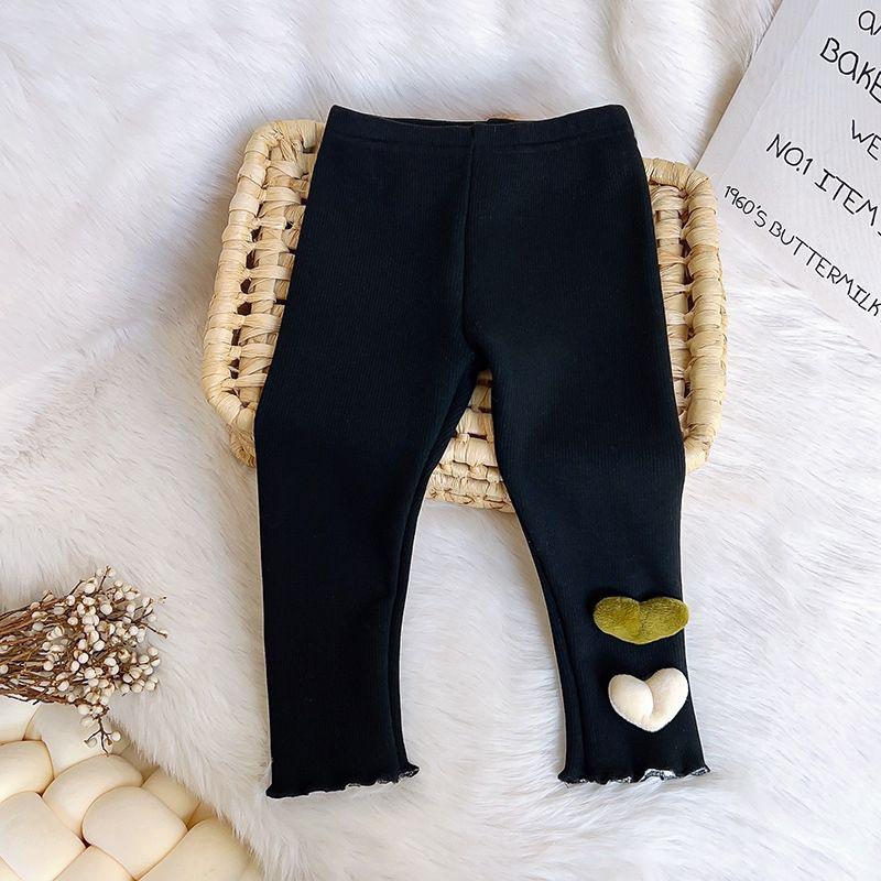 Girls' Fall/Winter Fleece-Lined Outerwear Pants Stylish Heart-Patterned Slim-Fit Fleece Leggings Children's Clothing