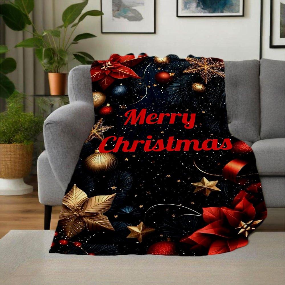 "Merry Christmas" Festive Ornament SetBlanket Flannel Throw Blanket for Sofa, Bed, Travel, Camping, Office