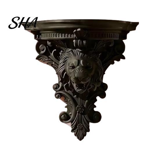 Retro Wall Shelf Shelf, Matte Black Texture Decorative Stand, Lion Thickened Embossed Mounted One-Piece Structure Display Rack