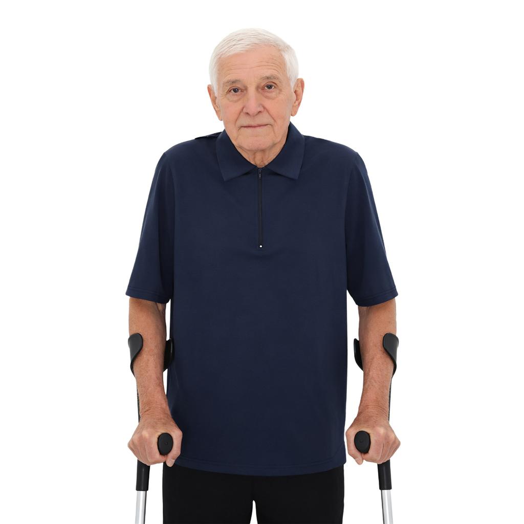 Mens Alzheimer Care T-Shirt Open Back Overlap Short Sleeve Lapel Zipper Neck Adaptive Top