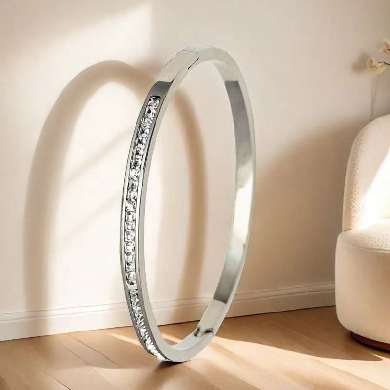 High Quality Gold Plated Stainless Steel Bangle Bracelet Unisex Trendy Geometric Colorful Crystal CZ Baguette Wrist Weddings 17.5cm&Stainless Steel