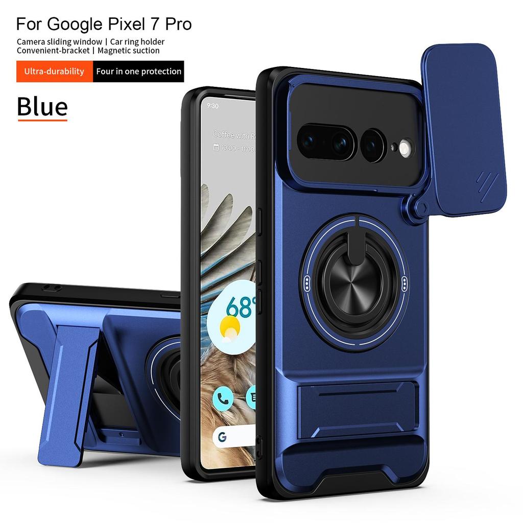 Sliding Camera Lens Cover for Google Pixel 7 Pro Case With Built-in Ring Stand Phone Case