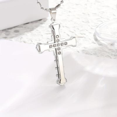 Men Necklace Shiny Rhinestones Cross Pendant Bamboo Chain Necklace Smooth Appearance Necklace