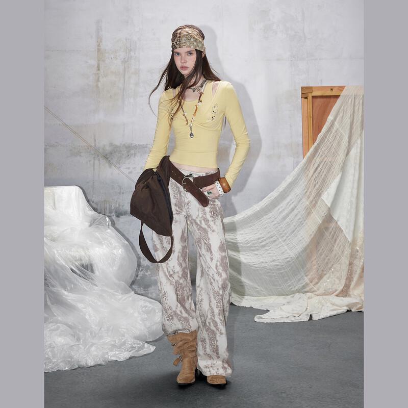 unifree 2026 Spring Korean Style Cross Design Faux Two-Piece Slim T-Shirt