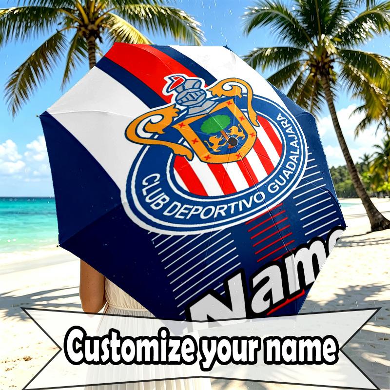 Custom Name Personalized Club Deportivo Guadalajara Print Umbrella, Auto Open Close, 8‑Rib Sturdy Frame, Commute Camping Hiking Use, Birthday Gift