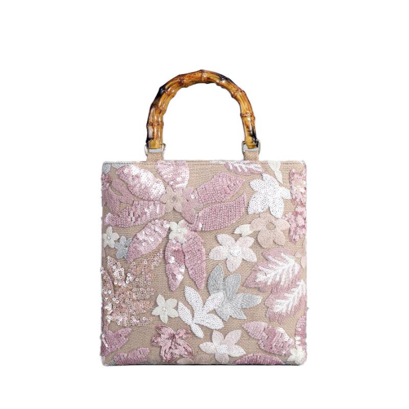 Women's Retro Tote Bag Vintage Pink Embroidery Sequin Bamboo Handle Handbag Elegant Fashion Bag Daily Commute Shopping Travel Bag