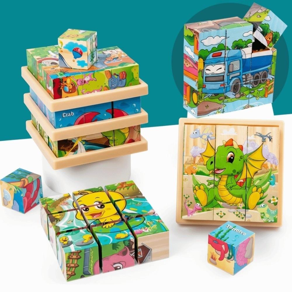 Educational Jigsaw 3D Cube Puzzle Bricked Up Montessori Wooden Puzzle Stem Learning Dinosaur Magnetic Puzzle Kids
