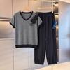 Women's Striped V-Neck Short Sleeve Two-Piece Set