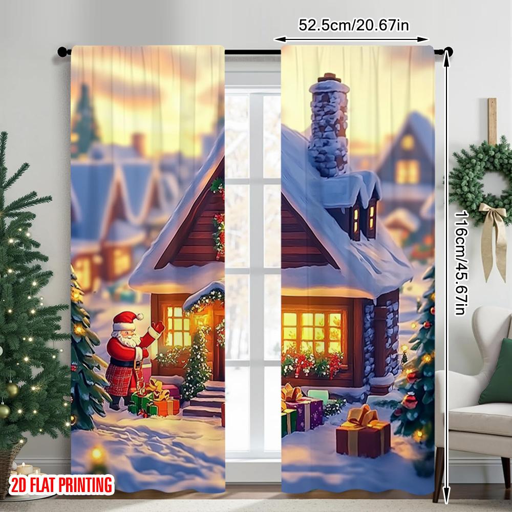 Set Of 2 Flat Printing Christmas Curtain Tree Design Versatile Durable Polyester Without Electricity Festive Holiday
