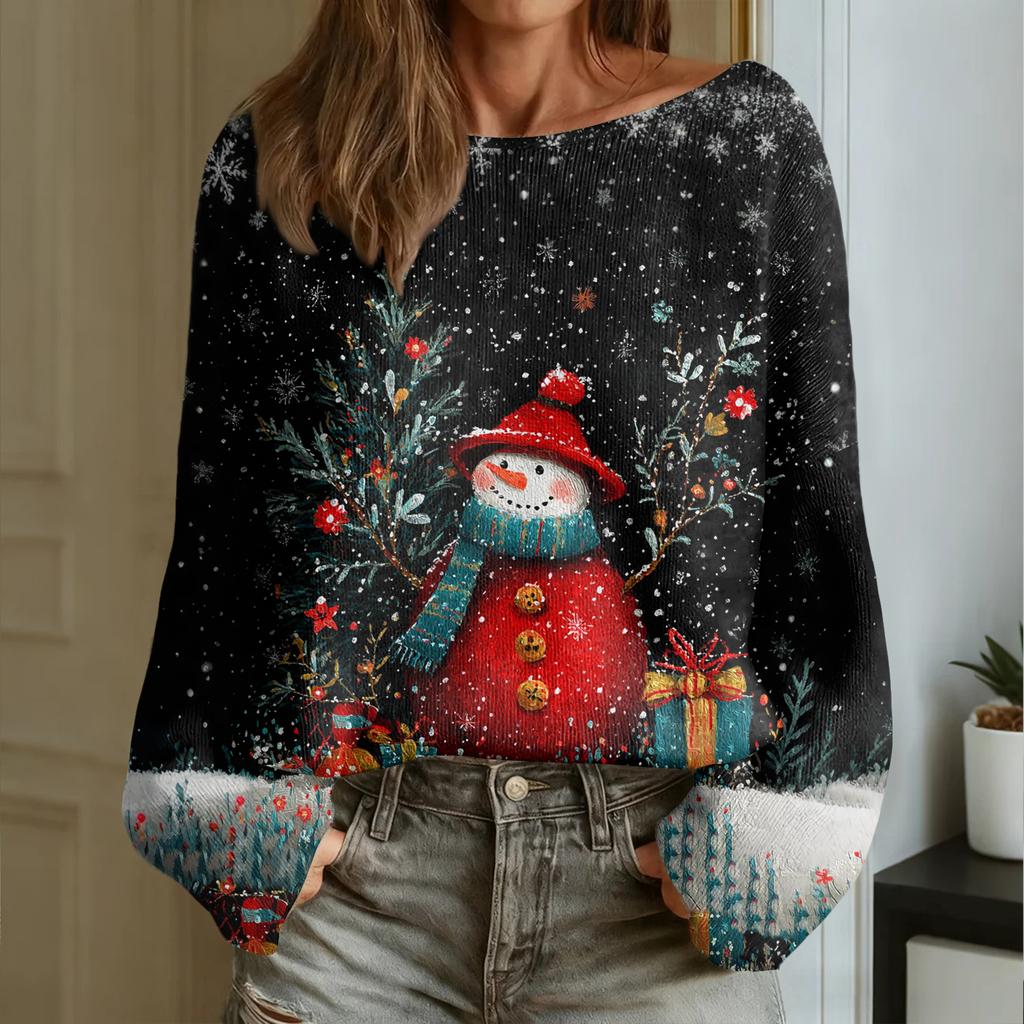 Women's Fashion Round Neck Long Sleeve Christmas Print Casual Pullover Sweater Top