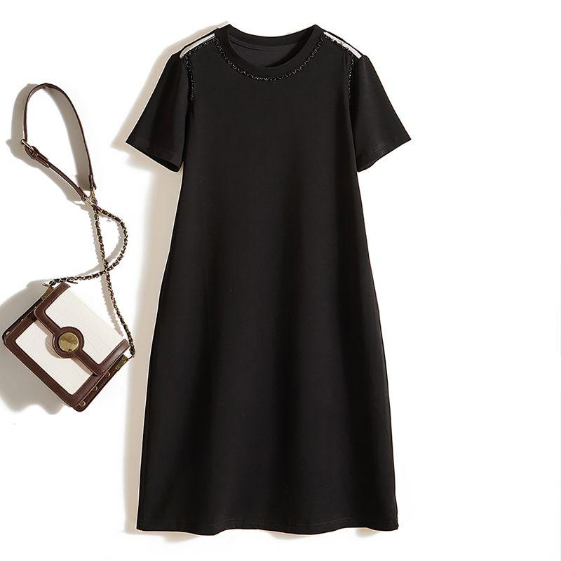 

Little Fairy Slimming Black Dress! Handmade Beads Mesh See-through Shoulder Short sleeve Cotton Portable Dress Strong Push Black L