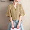 ZANZEA Women Lace Splice Half Sleeve Casual V-Neck Elegant Blouse