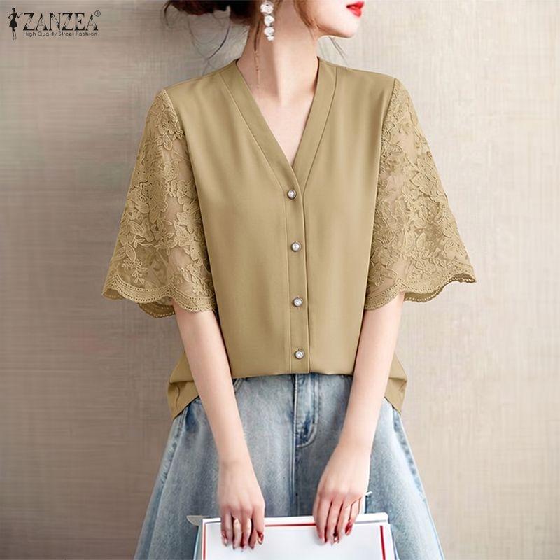 ZANZEA Women Lace Splice Half Sleeve Casual V-Neck Elegant Blouse