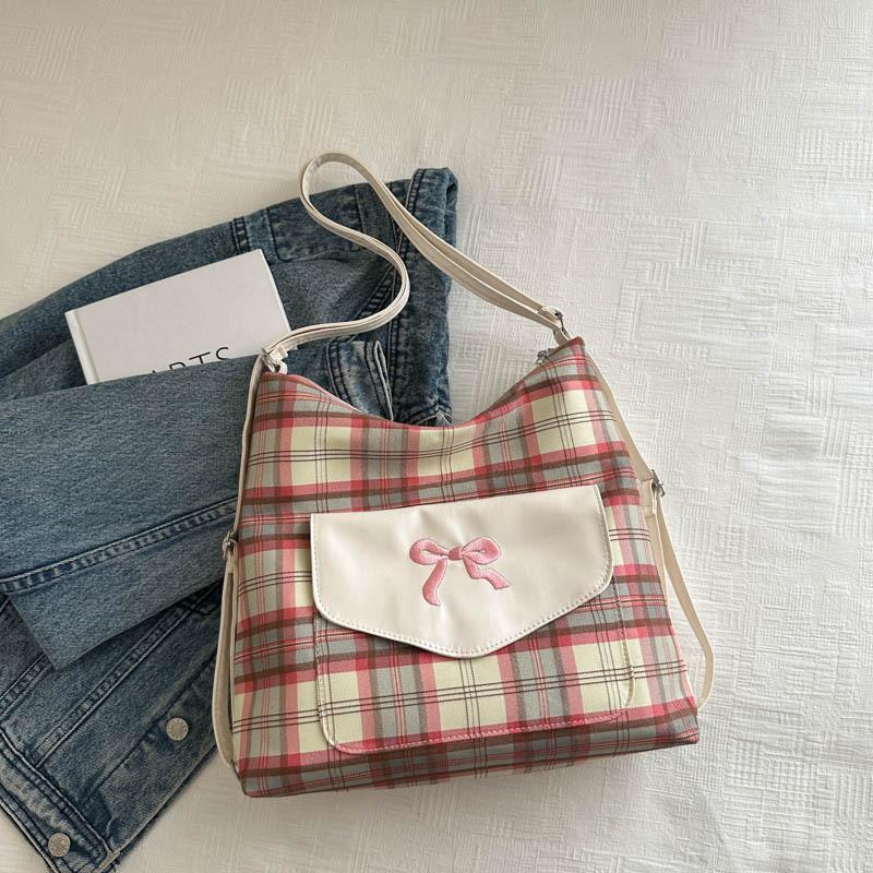 Trendy Summer 2024 Korean Style Plaid Tote Bag For Women With Chic Detail Bow