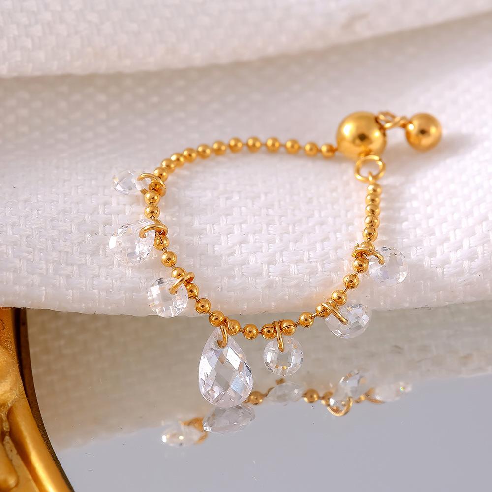 Crystal Pendant Stainless Steel Beads Ring For Women 18K Gold Plated Waterproof Adjustable Women's Rings Luxury Designer Jewelry