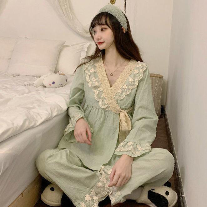

Японское кимоно, пижама, женская одежда для отдыха на весну и осень, кружевной V-образный вырез, милая принцесса, верхняя одежда, домашняя одежда, комплект из 2 предметов 2XL зелёный