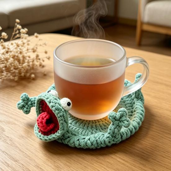 Funny Crochet Lizard Coaster, Handmade Knitted Animal Cup Mat, 3D Flip Design Drink Coaster for Desk, Cute Heat Resistant Table Protector