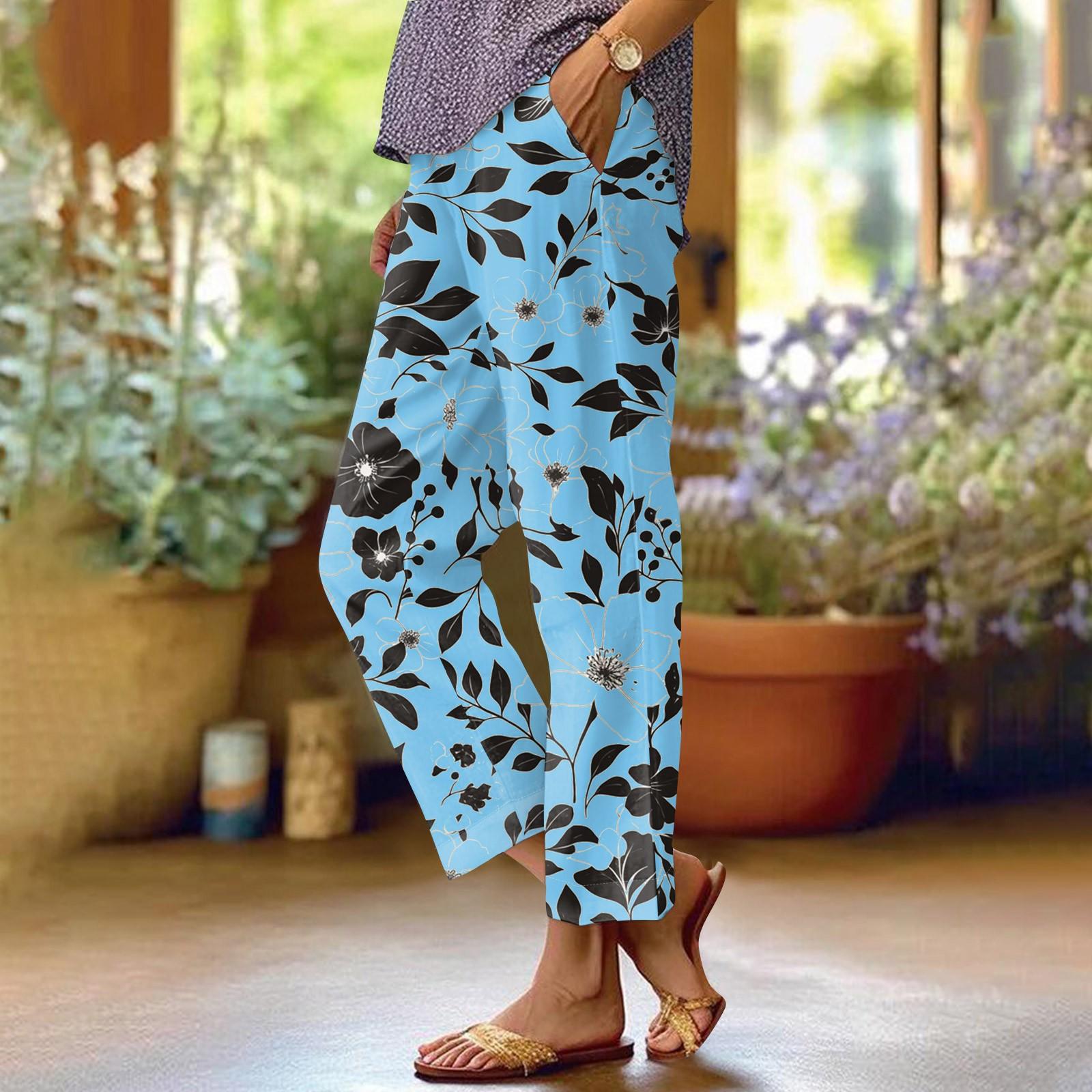 

Женские модные повседневные брюки с цветочным принтом, прямые брюки с карманами и эластичной талией S синий