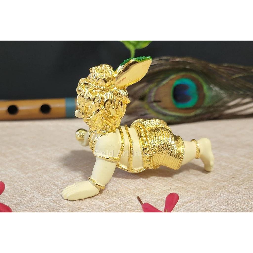 Indie Laddu Gopal Pozlacená Off-White Idolka | Bal Gopal | Malý Krišna | Makhan Chor | Syntetická pryskyřice (3x4)