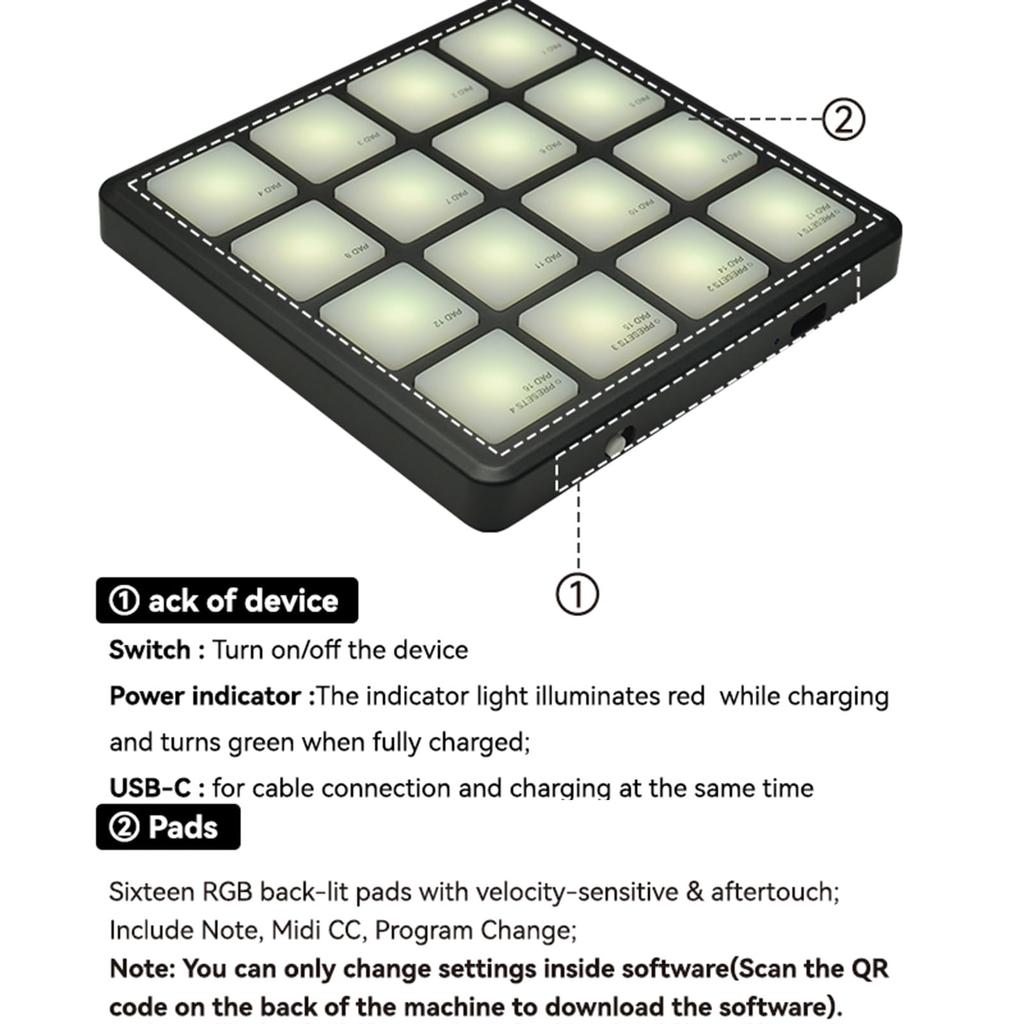 SMC-PAD Pocket Black Wireless MIDI Controller W/ 16 Strike Pads USB-C Interface Design Small Midi Pad Keyboard Controller