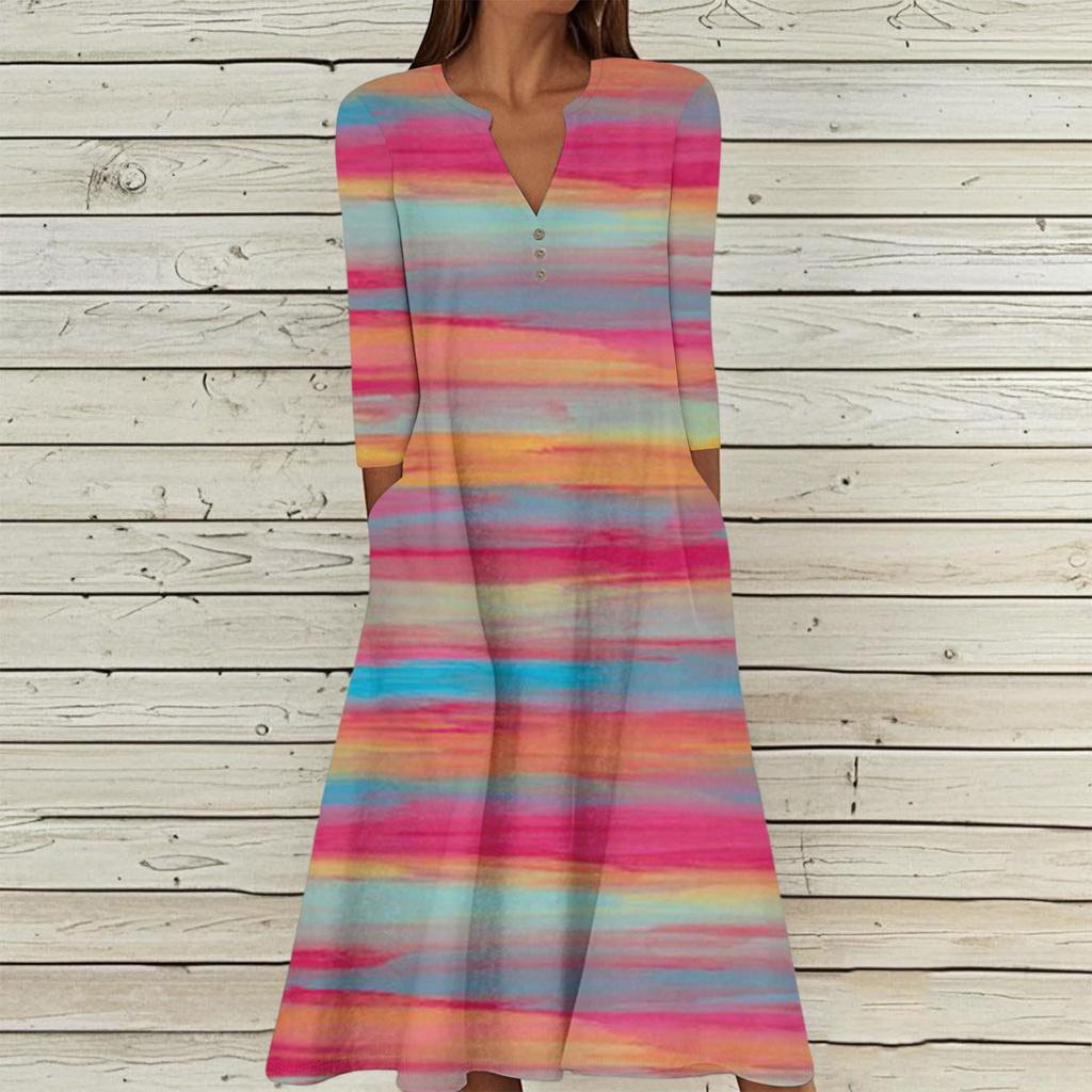 Women's Summer Casual V-Neck Button Vintage Floral Print Three-quarter Sleeve Long Dress With Pockets